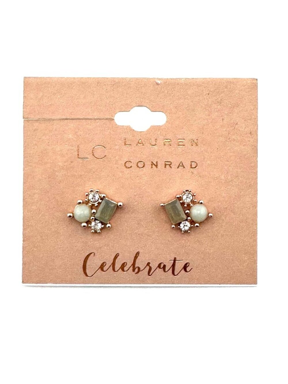 LC Lauren Conrad Gold Tone Green & Clear Simulated Stones Stud Earrings
